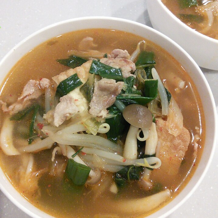 厚揚げでボリュームUP☆豚キムチのスープ